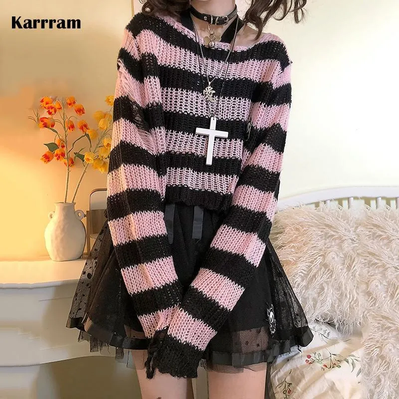 Wenkouban Pink Striped Gothic Sweaters Women Ripped Holes Loose Knitted Pullover Frayed Fairy Grunge Jumpers Emo Streetwear Lolita