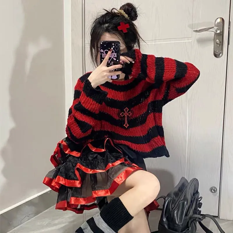 Wenkouban Pink Striped Gothic Sweaters Women Ripped Holes Loose Knitted Pullover Frayed Fairy Grunge Jumpers Emo Streetwear Lolita