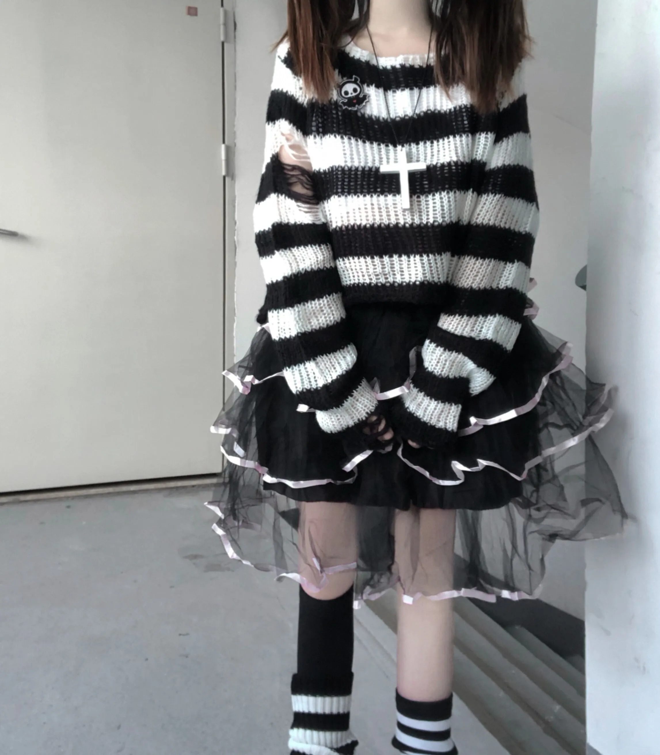 Wenkouban Pink Striped Gothic Sweaters Women Ripped Holes Loose Knitted Pullover Frayed Fairy Grunge Jumpers Emo Streetwear Lolita