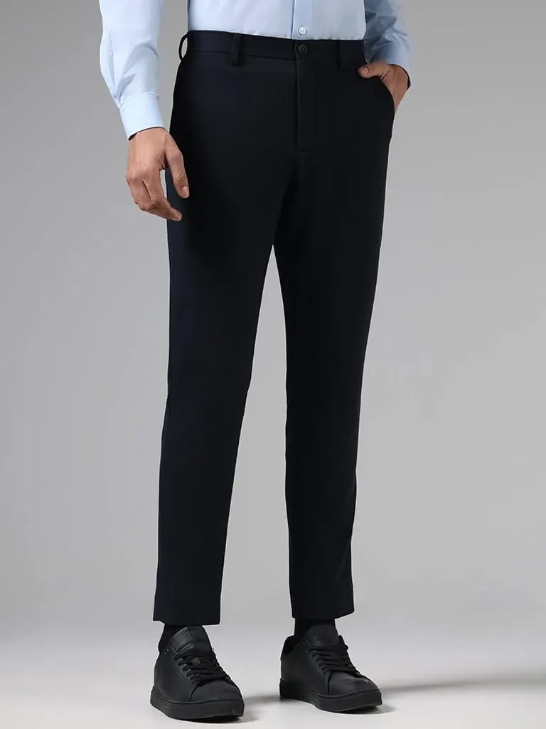 WES Formals Navy Slim-Fit Mid-Rise Trousers