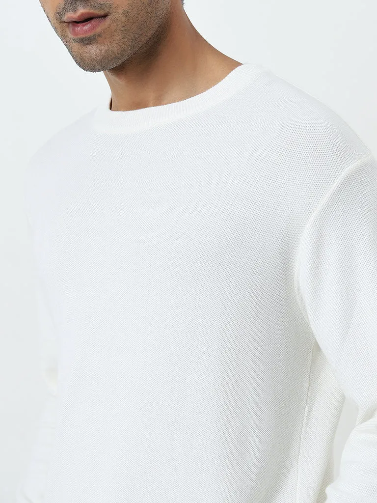 WES Formals Off-White Knit-Textured Slim-Fit Sweater