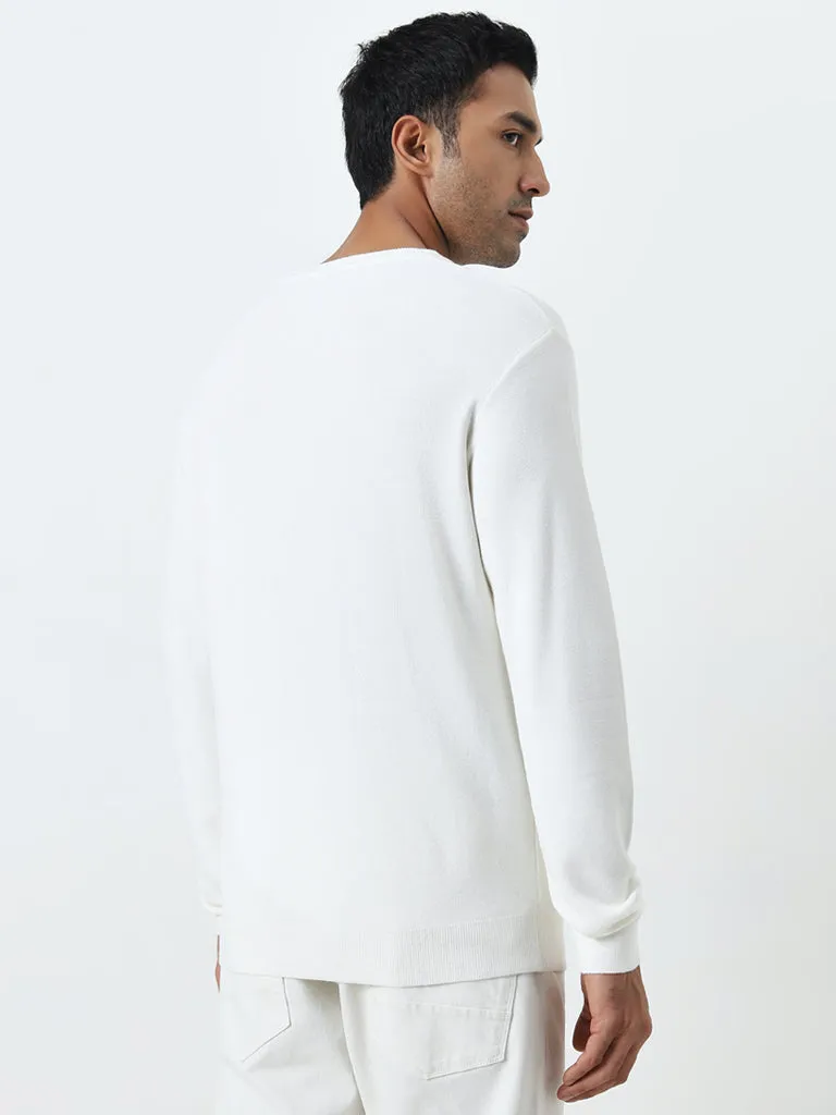 WES Formals Off-White Knit-Textured Slim-Fit Sweater