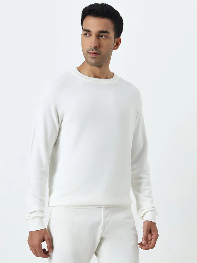 WES Formals Off-White Knit-Textured Slim-Fit Sweater