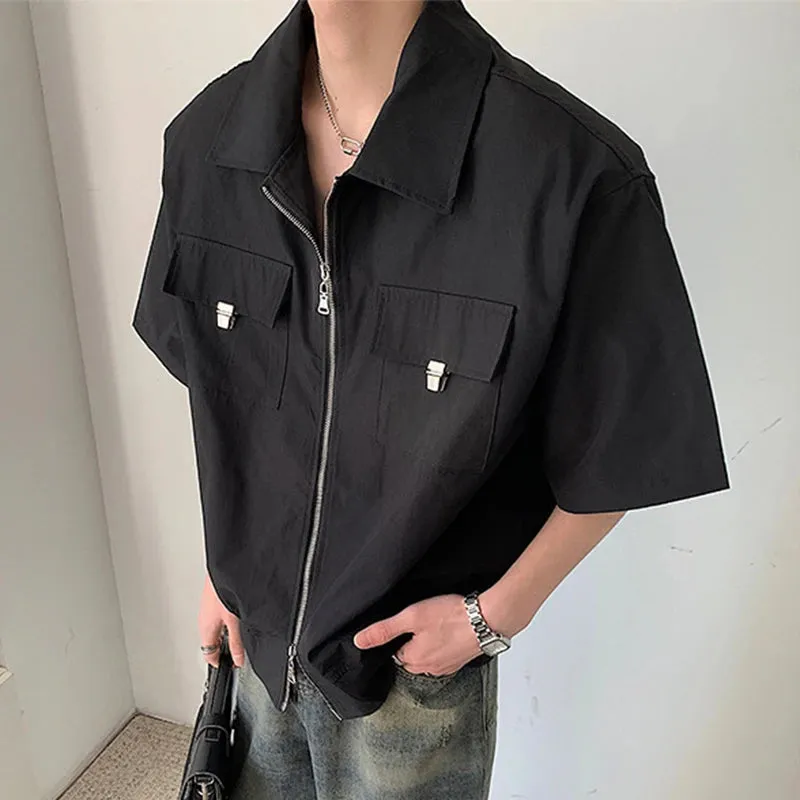 Wiaofellas  -  Streetwear Mens Y2K Shirts Oversize Casual Loose Solid Color Shirt Men Summer Trendy Patchs Pockets Zip-up Shirt Male Cardigans