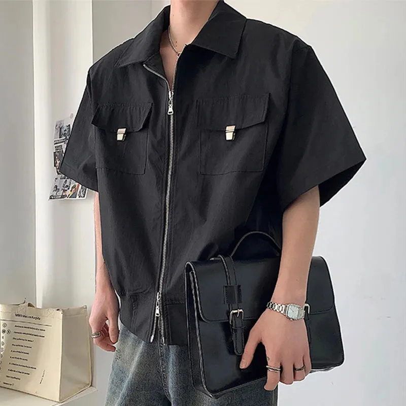 Wiaofellas  -  Streetwear Mens Y2K Shirts Oversize Casual Loose Solid Color Shirt Men Summer Trendy Patchs Pockets Zip-up Shirt Male Cardigans