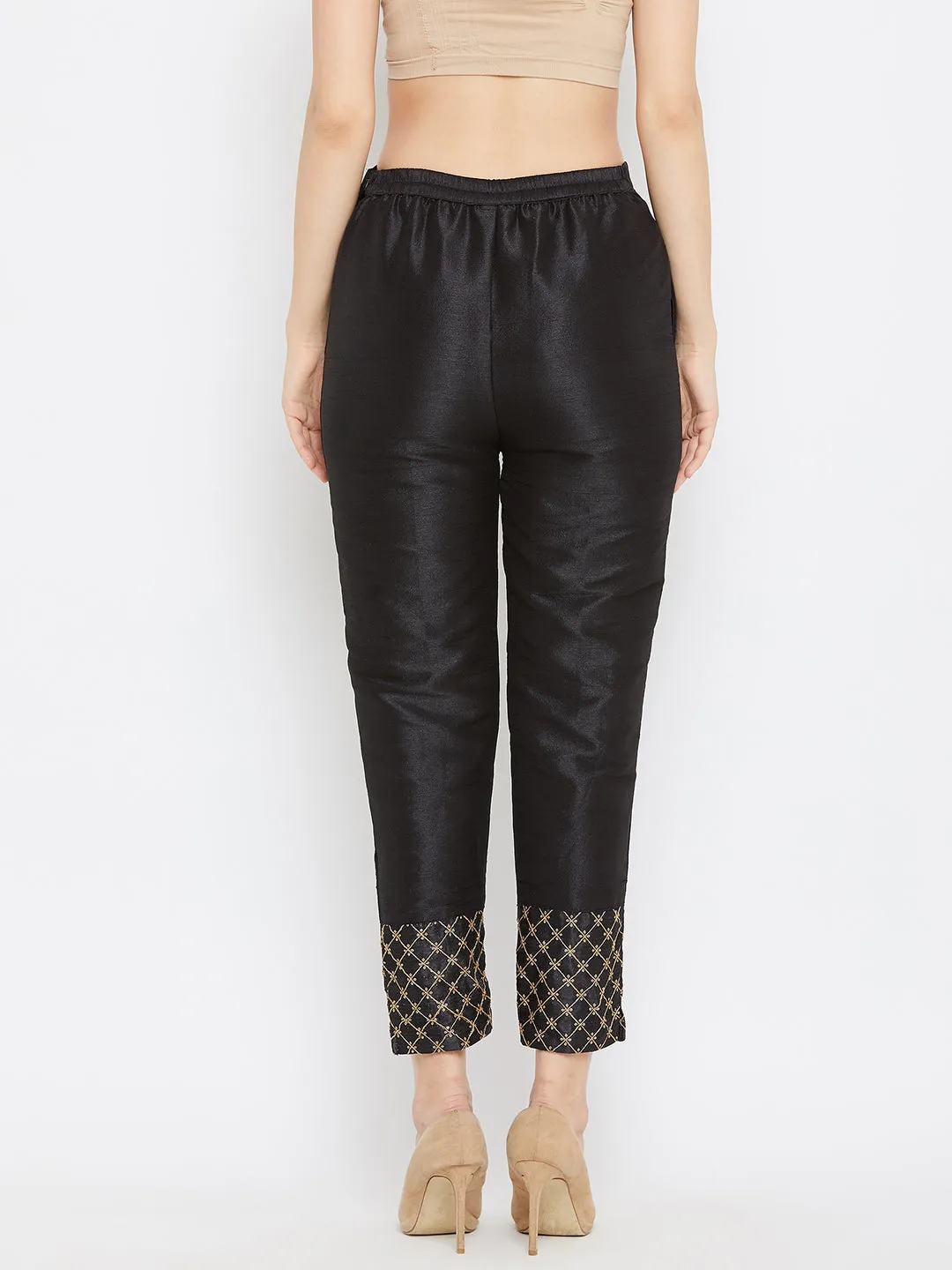 Women Black Hem Design Silk Trouser