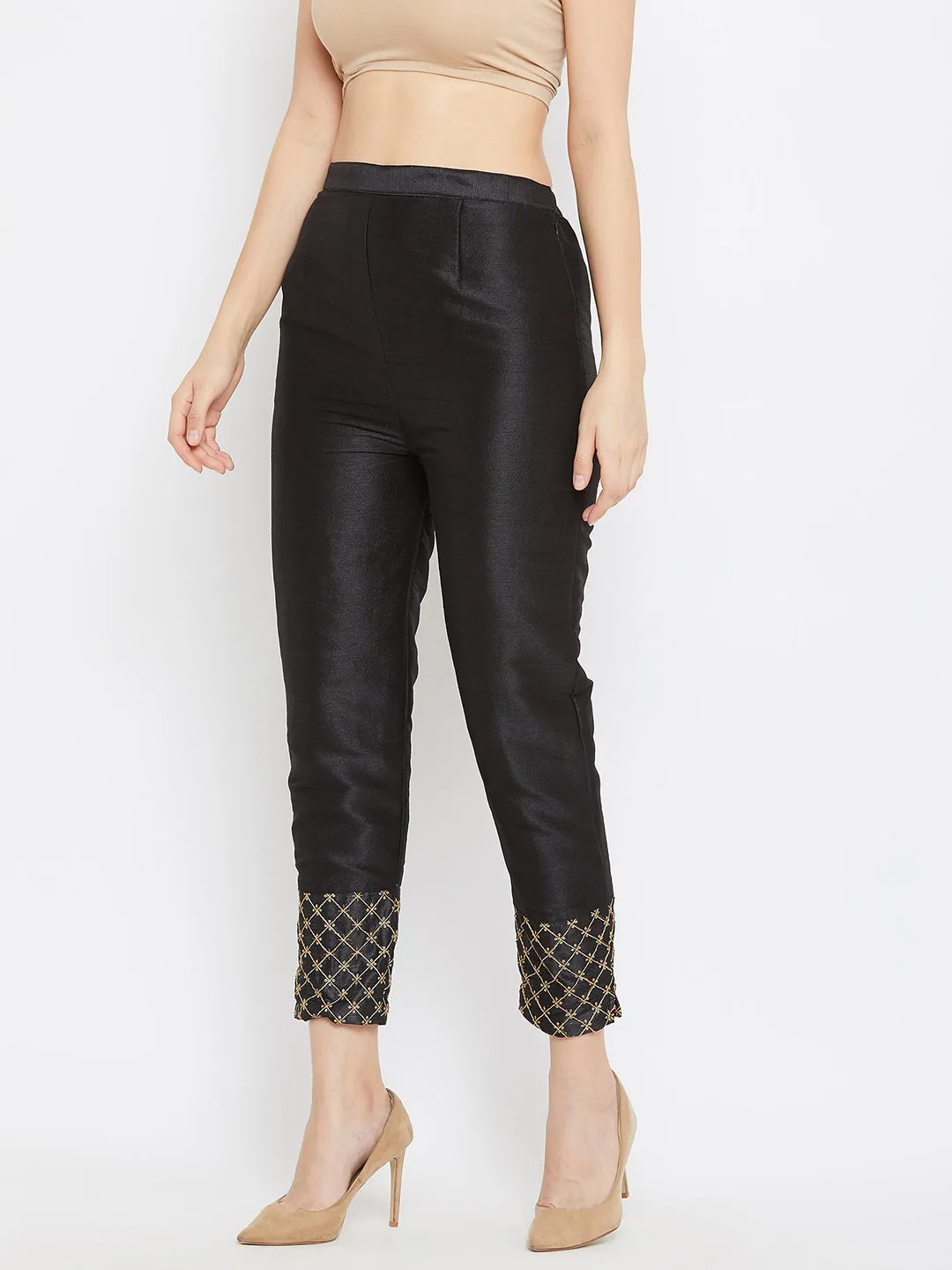 Women Black Hem Design Silk Trouser