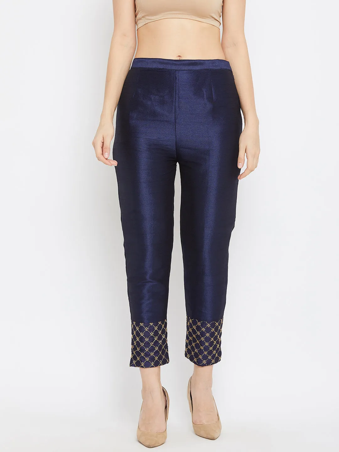 Women Navy Blue Hem Design Silk Trouser