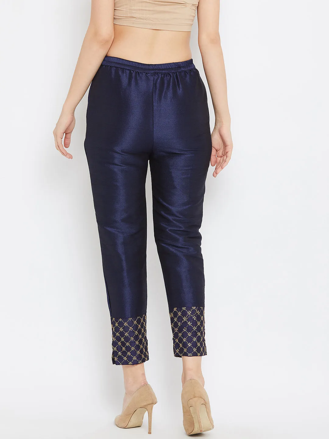 Women Navy Blue Hem Design Silk Trouser