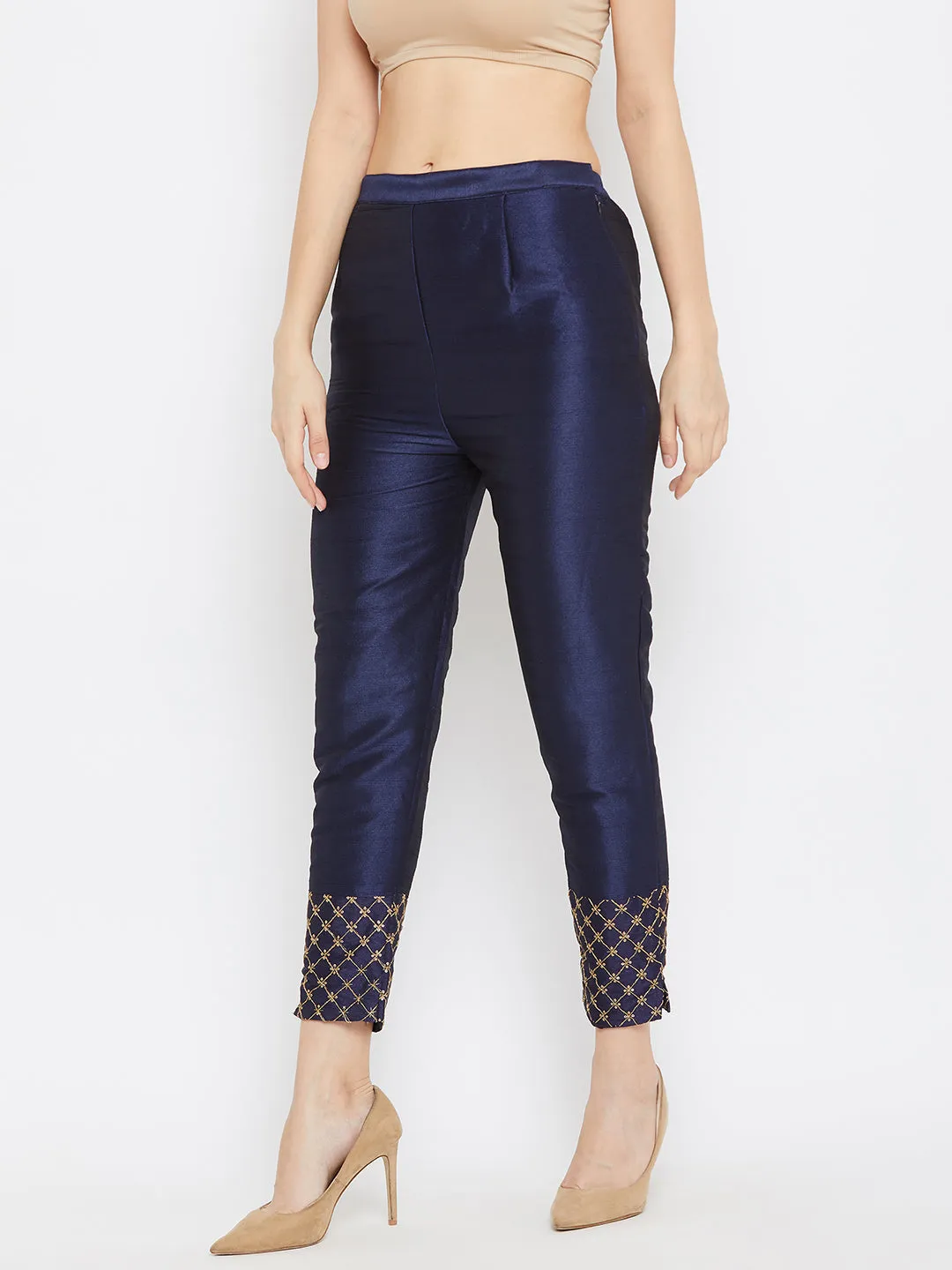 Women Navy Blue Hem Design Silk Trouser