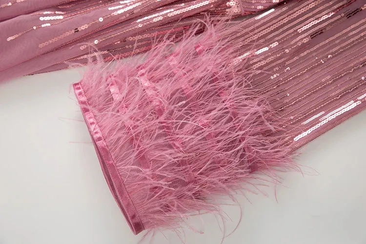 Women's Elegant Pink Sequin Feather Midi Dress