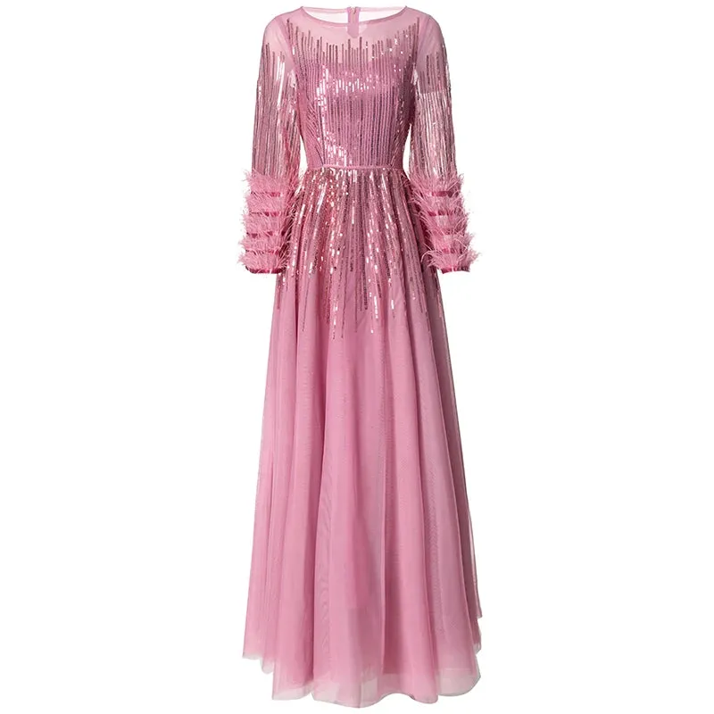 Women's Elegant Pink Sequin Feather Midi Dress