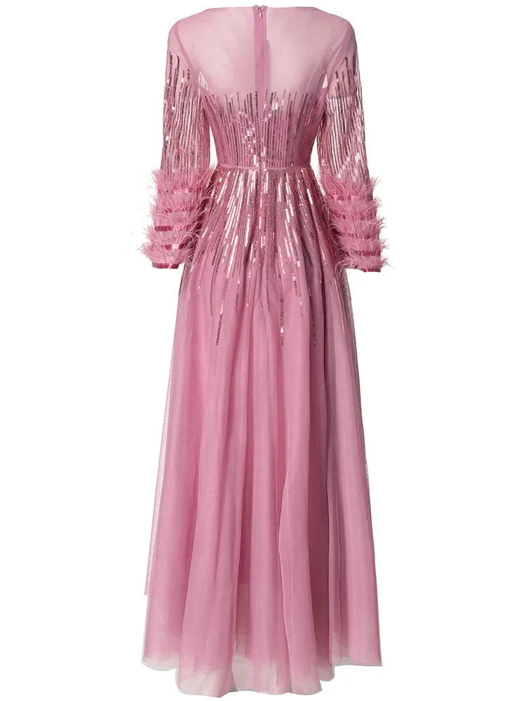 Women's Elegant Pink Sequin Feather Midi Dress