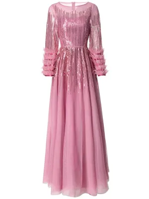 Women's Elegant Pink Sequin Feather Midi Dress