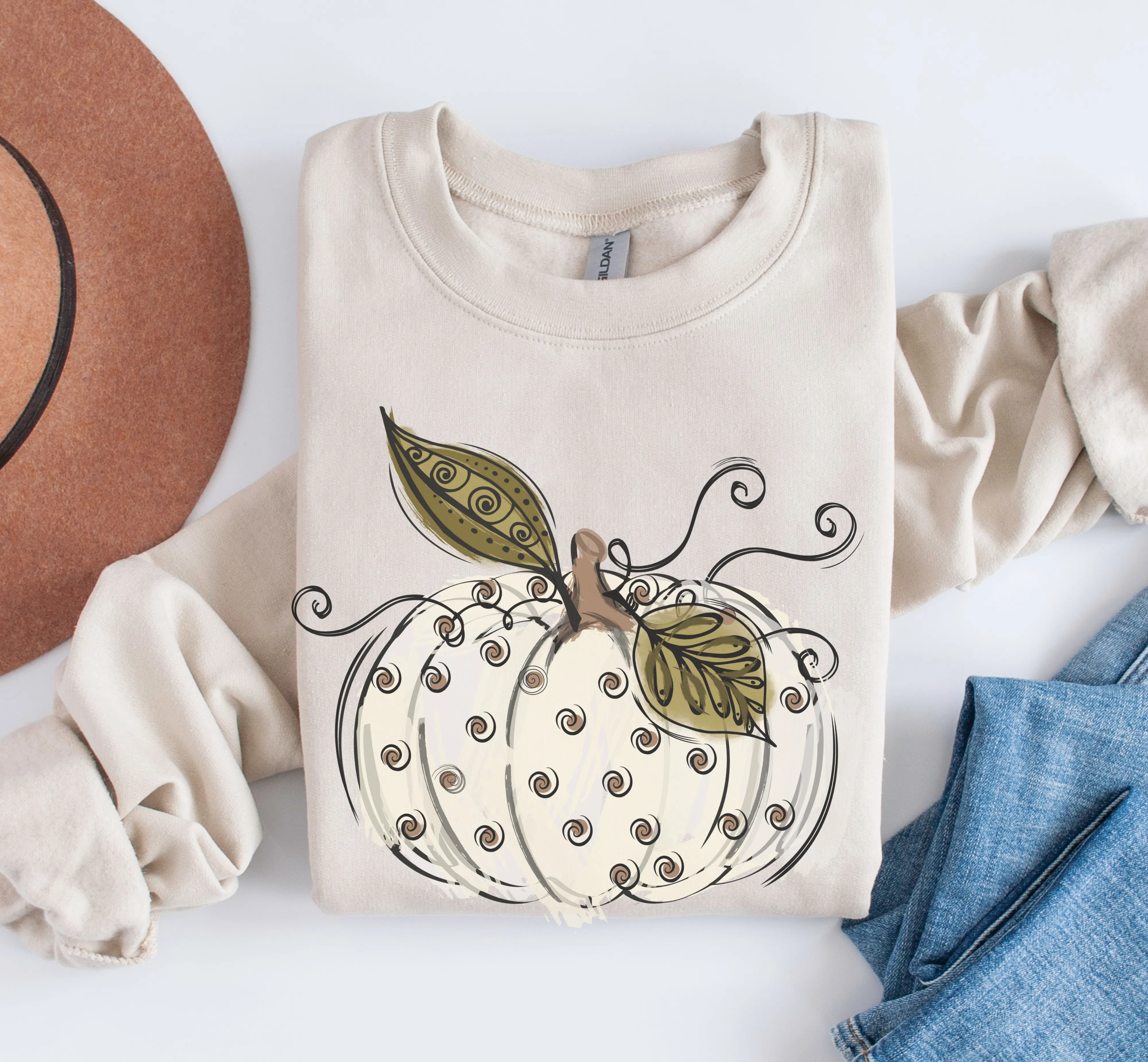 Women's Fall Hand Drawn Pumpkin Design White Pumpkin with Swirls Pullover Sweatshirt