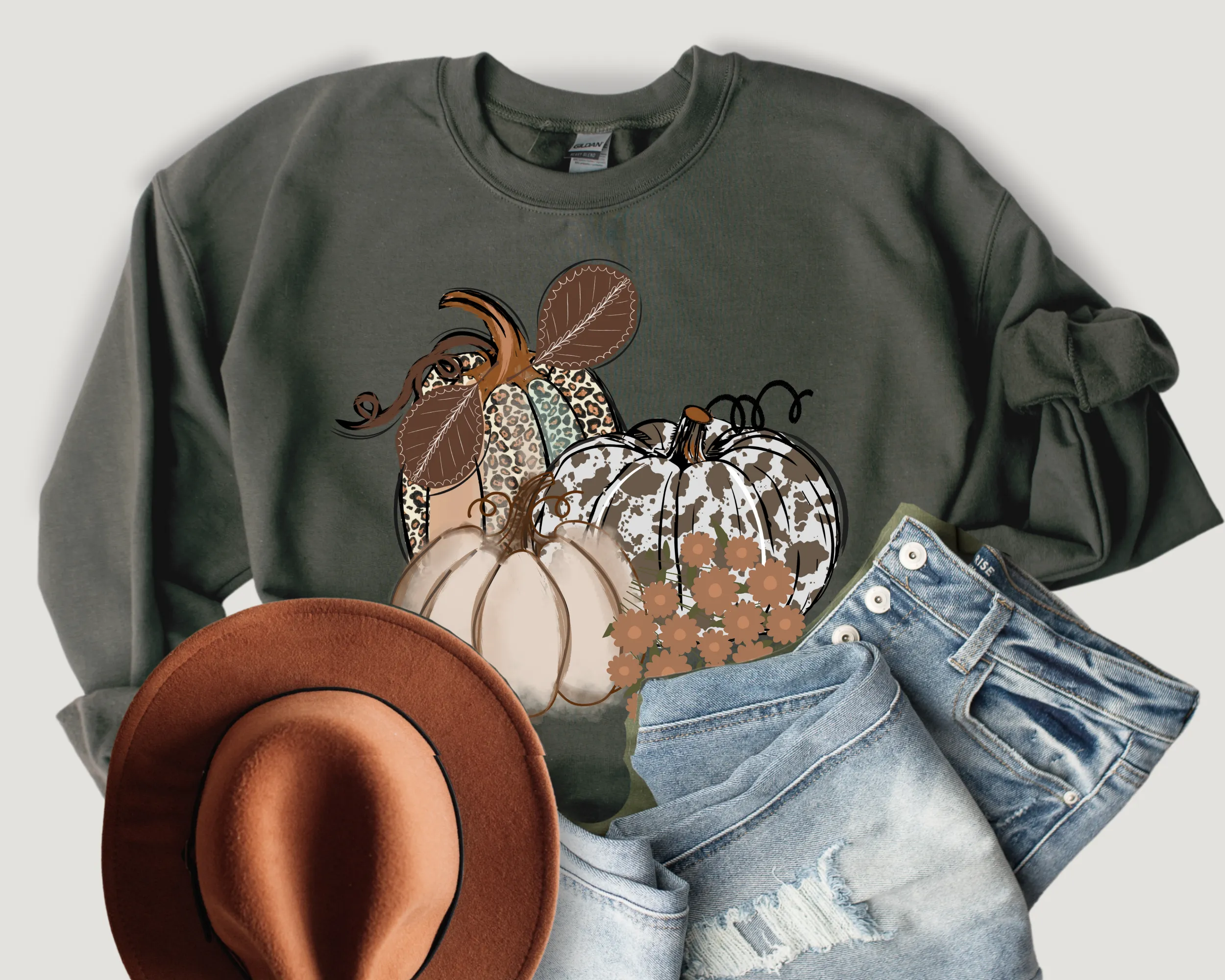 Women's Fall Hand Drawn Pumpkins Design Pretty Watercolor Pumpkins Design Sweatshirt